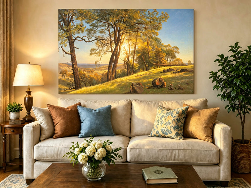 Unframed hand-painted pine tree landscape oil painting on a bright sunlit hill displayed above a neutral living room sofa.
