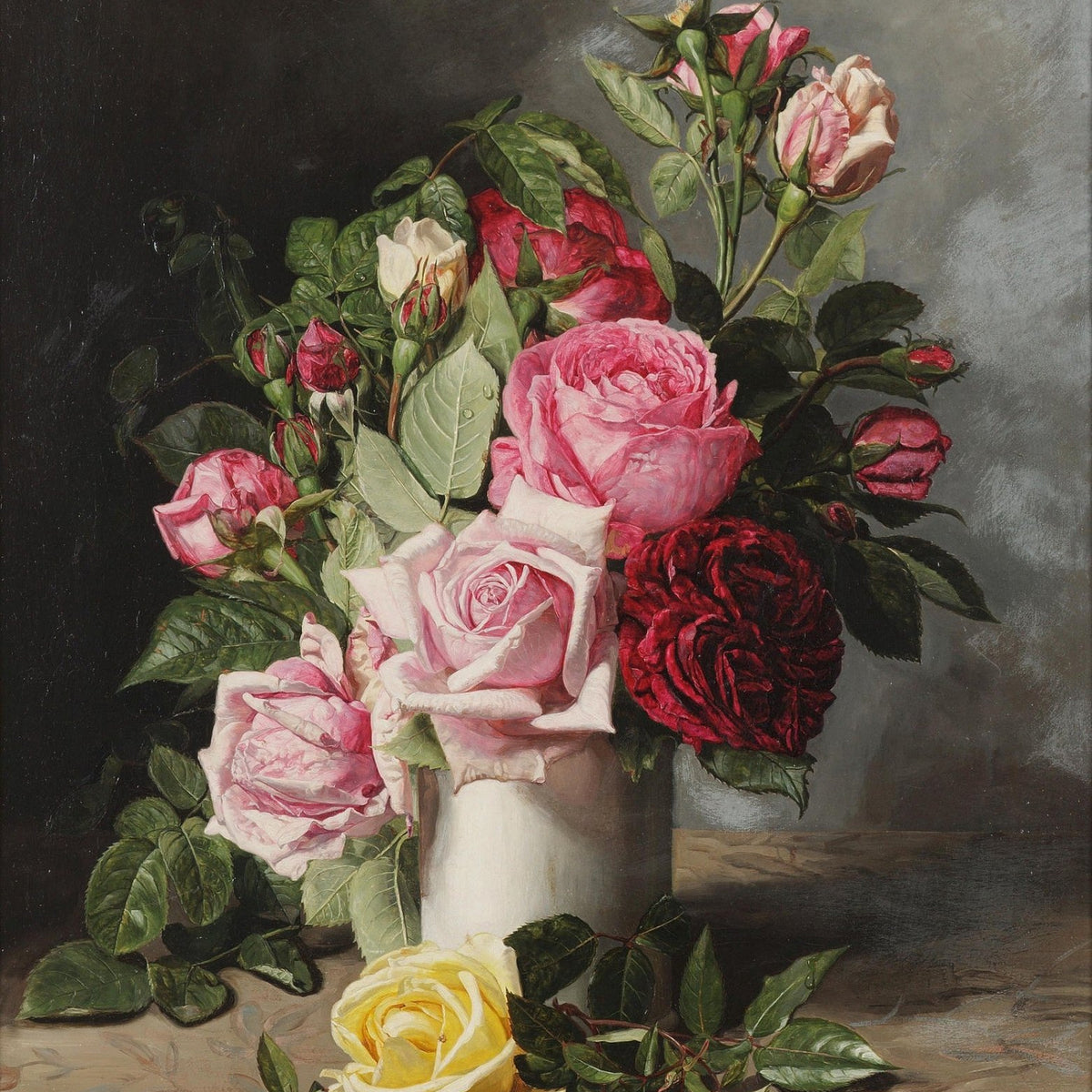 Pink and Red Roses in White Vase Still Life – Floral Oil Painting - Oil Painting Haven