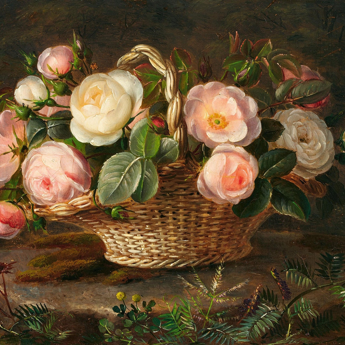 Pink and White Roses in Wicker Basket - Floral Oil Painting - Oil Painting Haven