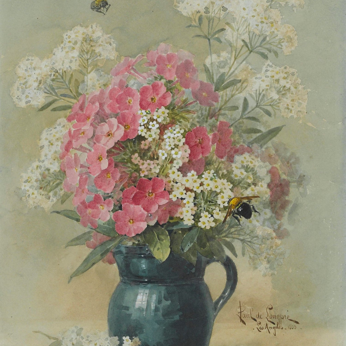 Pink and White Wildflower Bouquet in Ceramic Jug – Floral Oil Painting