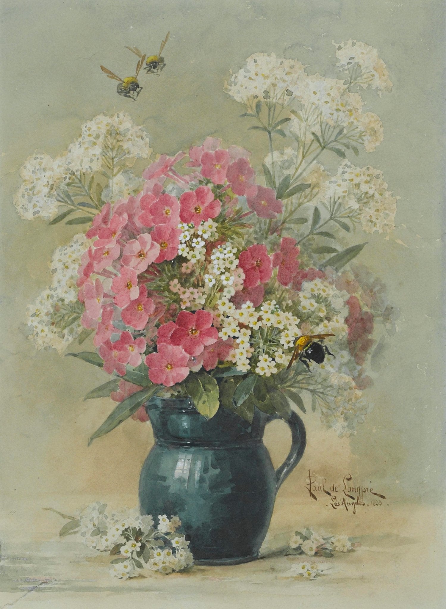 Pink and White Wildflower Bouquet in Ceramic Jug – Floral Oil Painting
