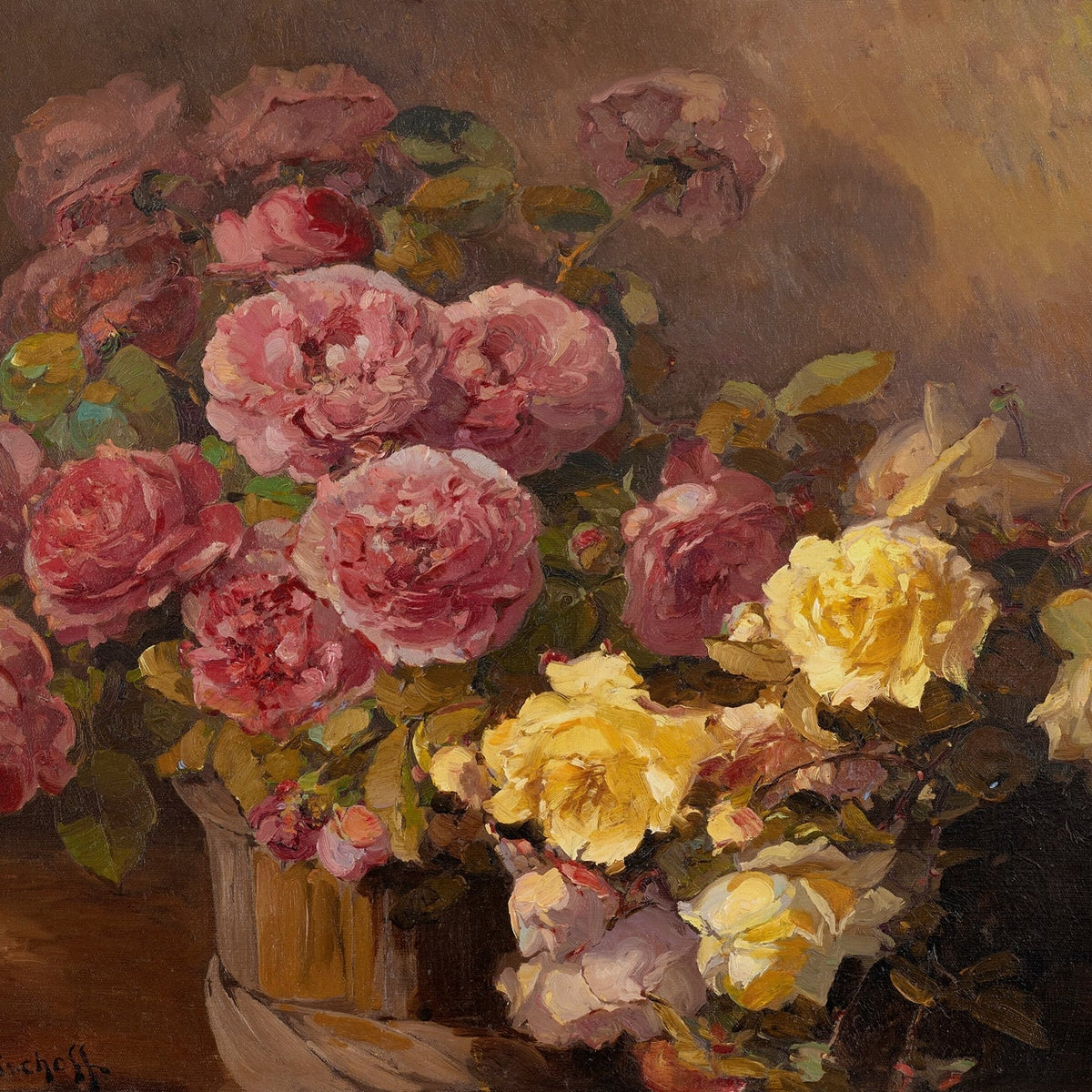 Pink and Yellow Rose Bouquet Still Life - Floral Oil Painting - Oil Painting Haven