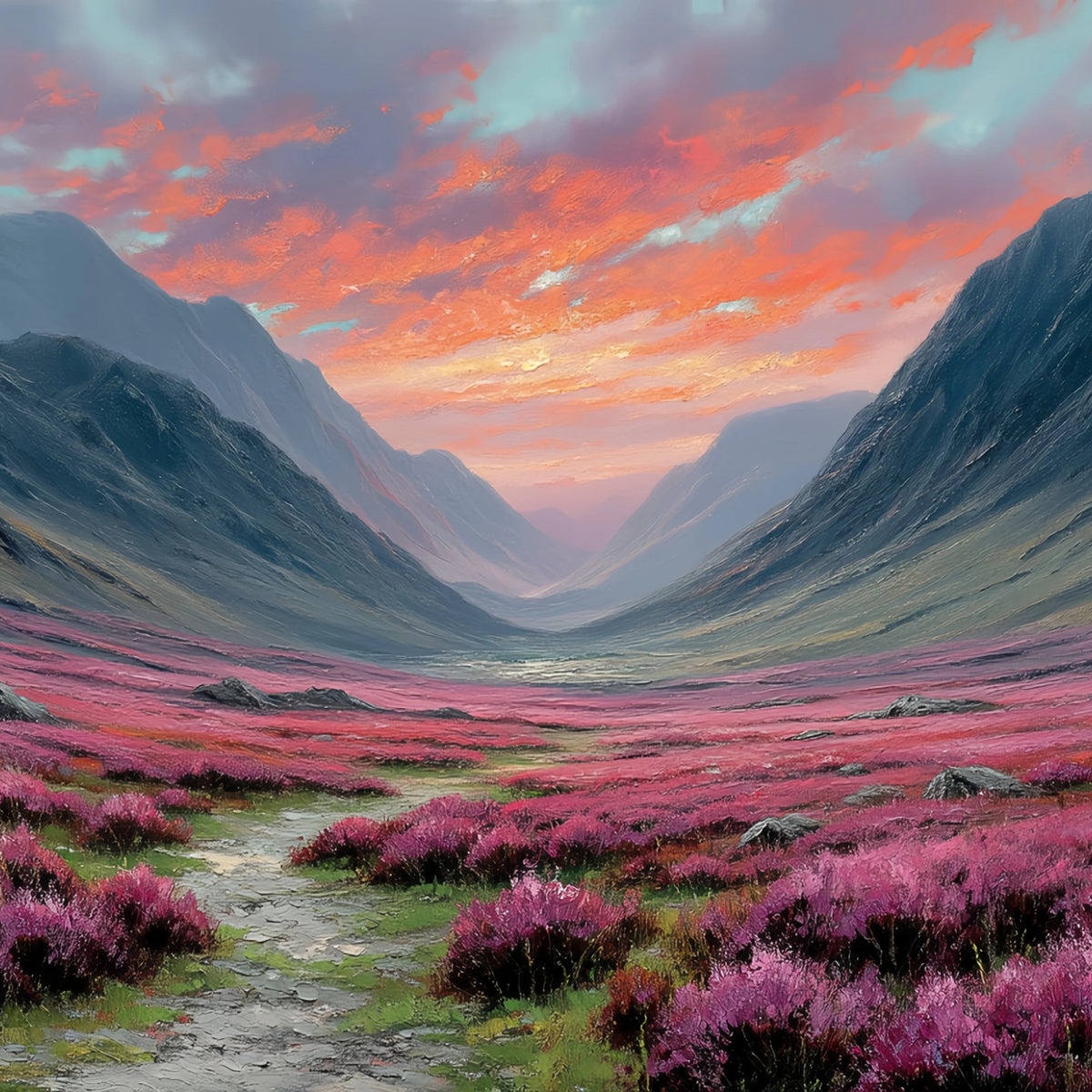 Pink Heather Valley Sunset Original Oil Painting For Sale - Oil Painting Haven