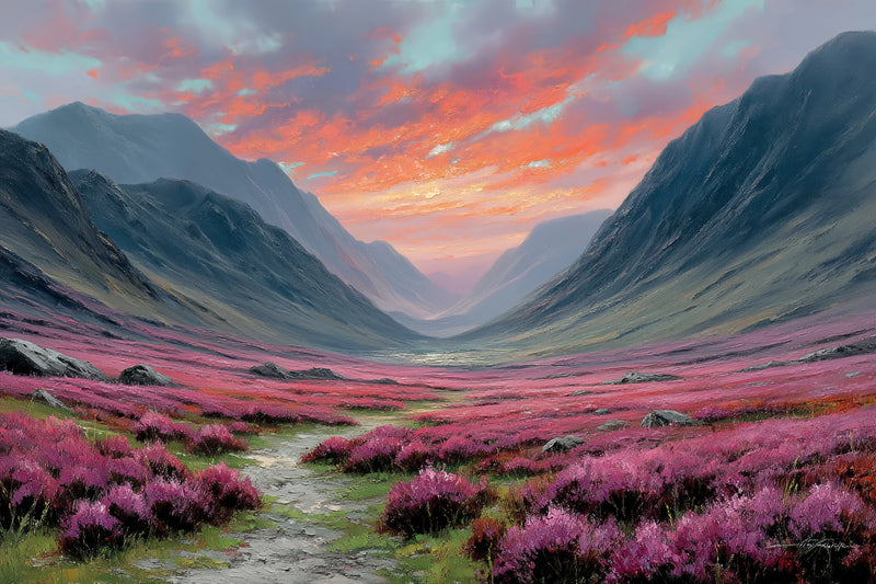 Pink Heather Valley Sunset Original Oil Painting For Sale - Oil Painting Haven