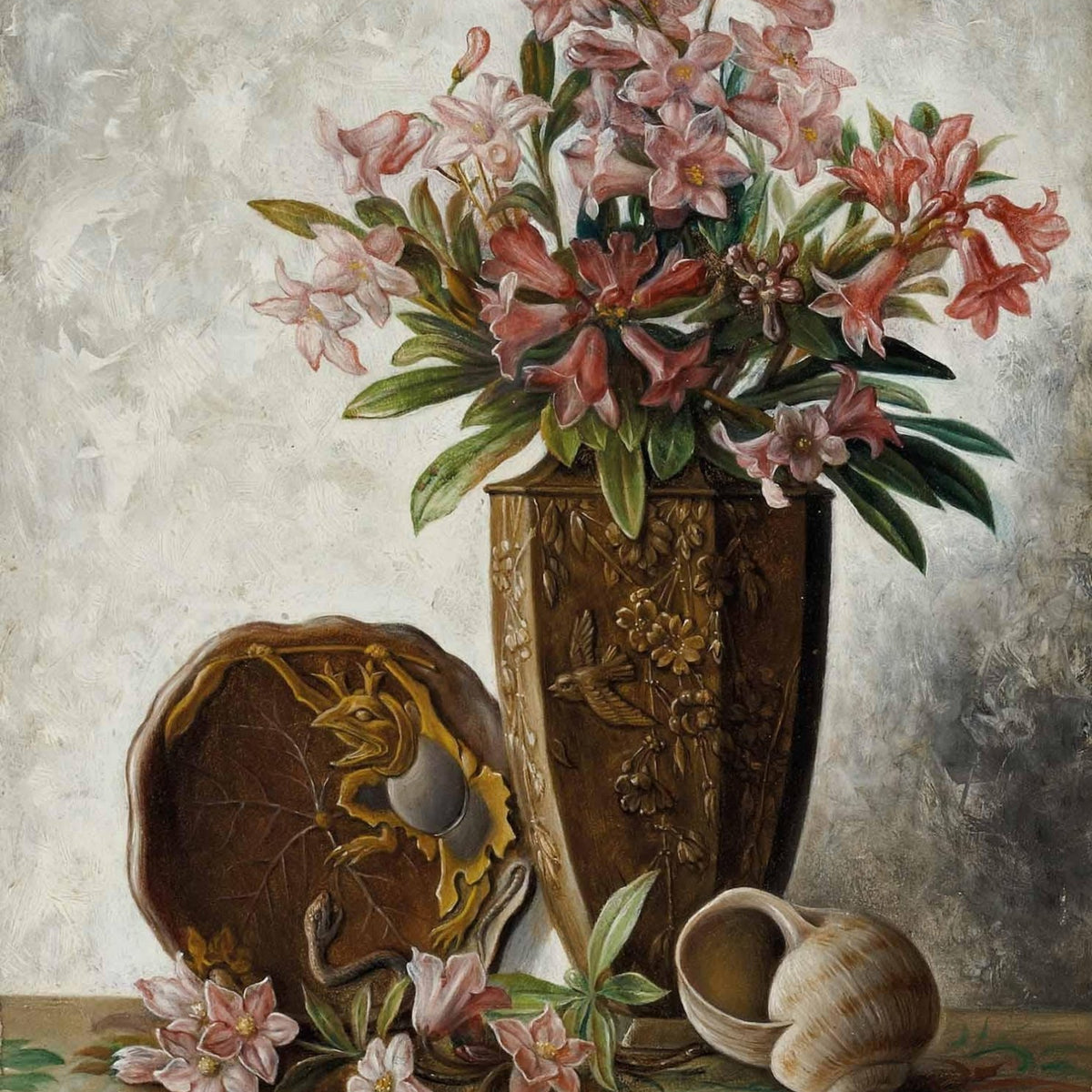 Pink Lily Bouquet in Ornate Vase – Floral Oil Painting - Oil Painting Haven