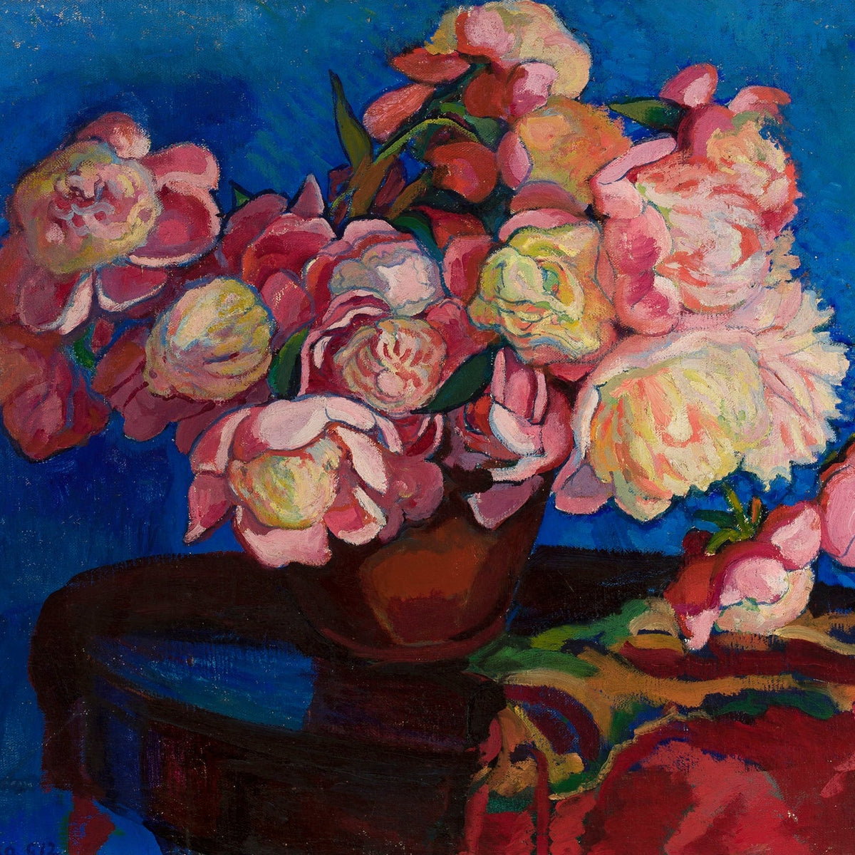 Pink Peonies in Vase on Table Still Life - Floral Oil Painting - Oil Painting Haven