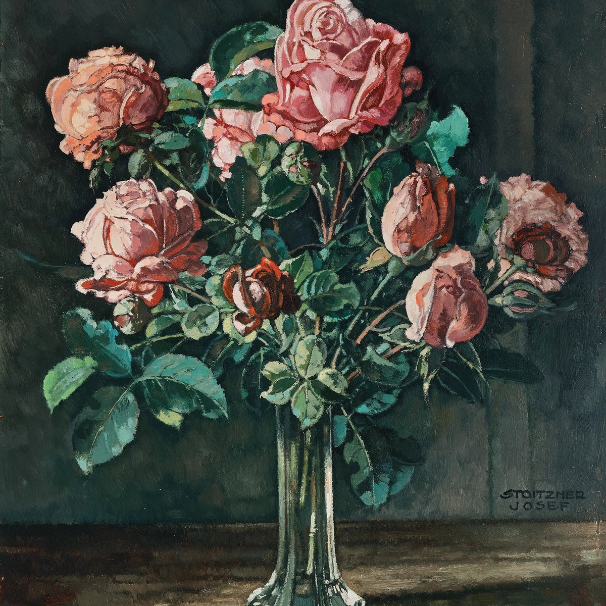 Pink Rose Bouquet in Glass Vase Still Life - Floral Oil Painting - Oil Painting Haven