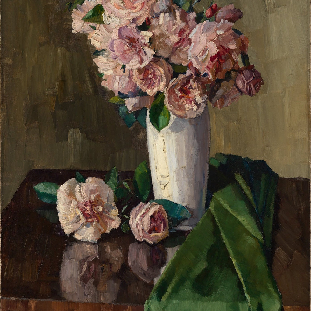 Pink Roses in White Vase Still Life Canvas Wall Art - Floral Oil Painting - Oil Painting Haven