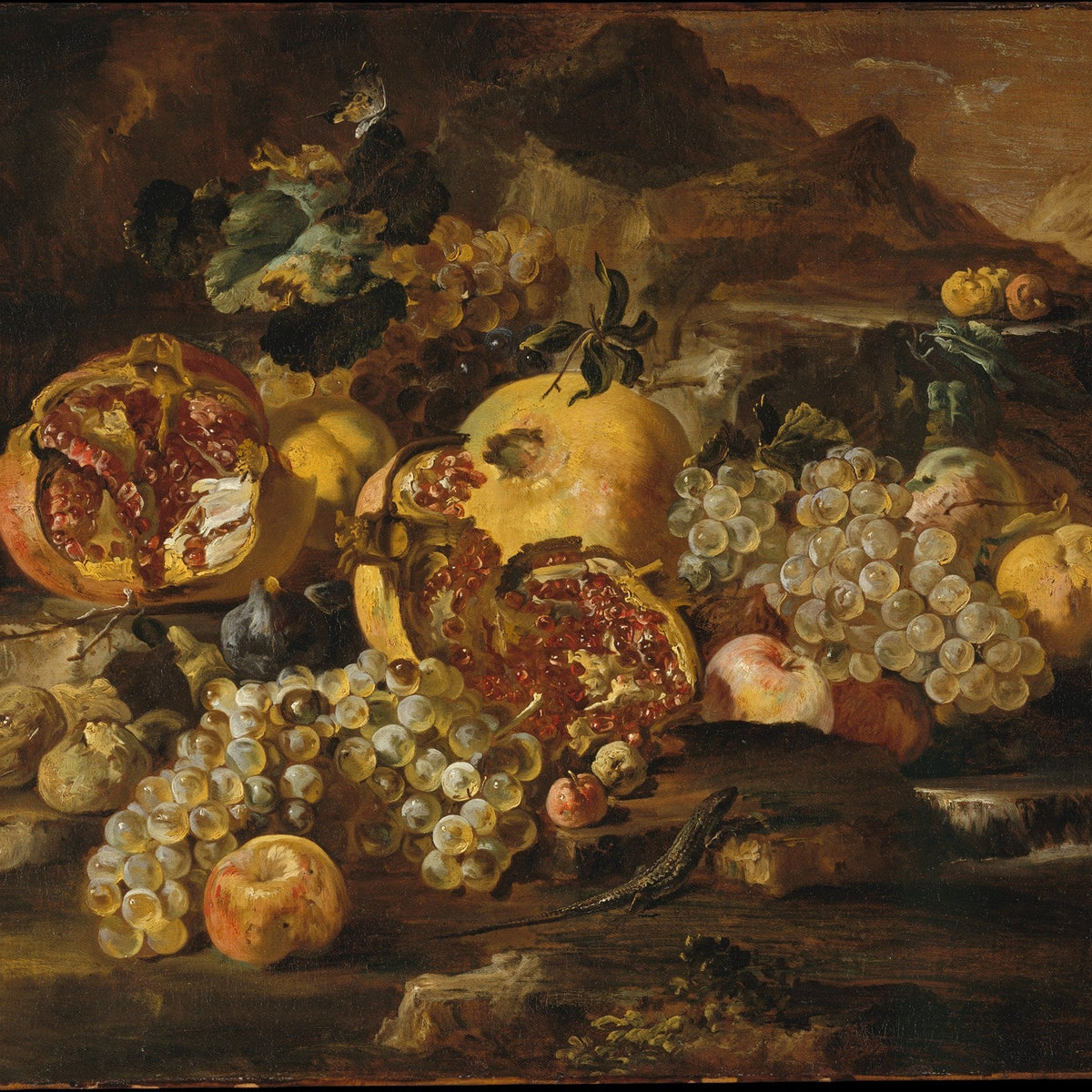 Pomegranates and Grapes on Rustic Table - Still Life Oil Painting - Oil Painting Haven