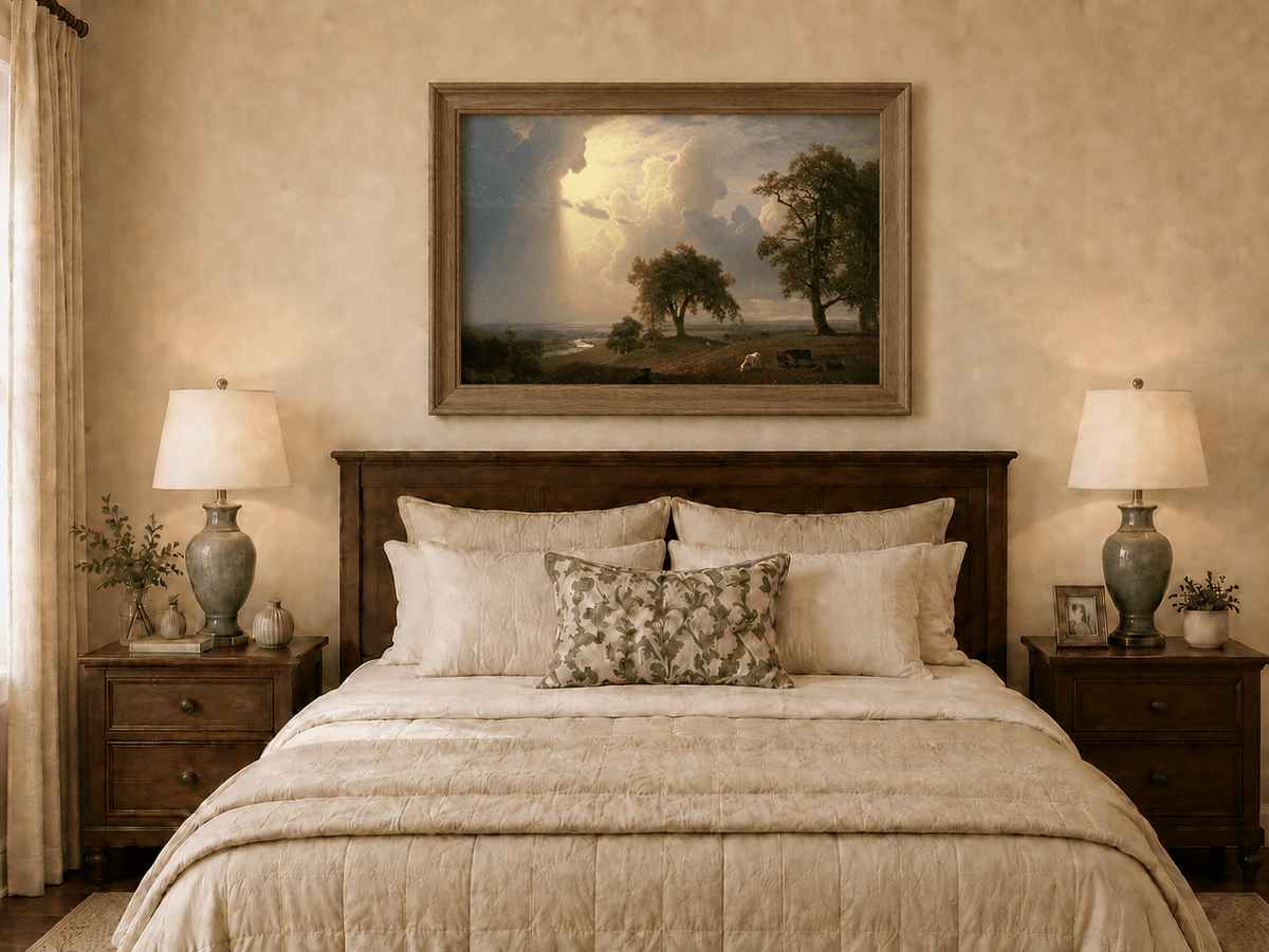 Framed hand-painted prairie oil painting with cattle beneath dramatic sunbeams displayed above a wooden bed in a neutral bedroom.