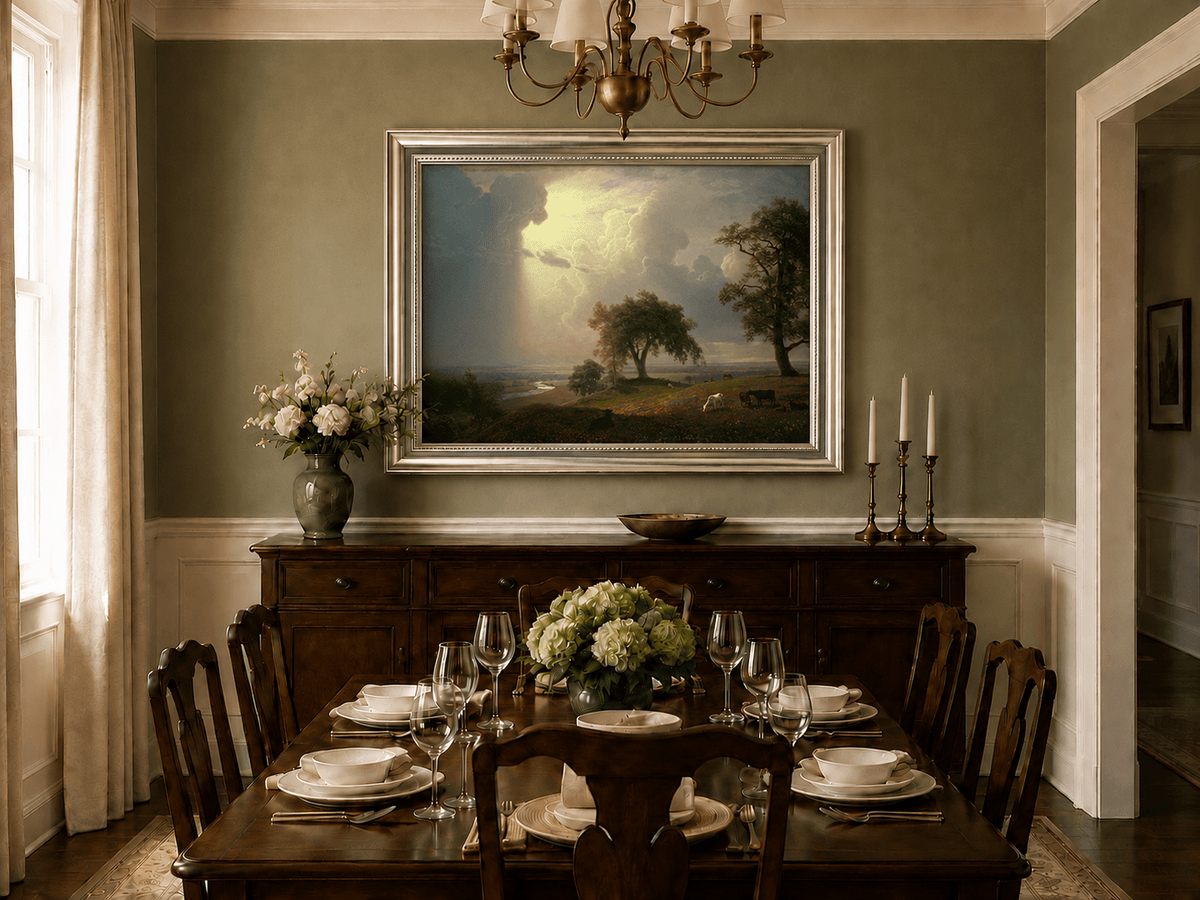 Framed hand-painted prairie oil painting with cattle beneath dramatic sunbeams displayed above a formal dining table.