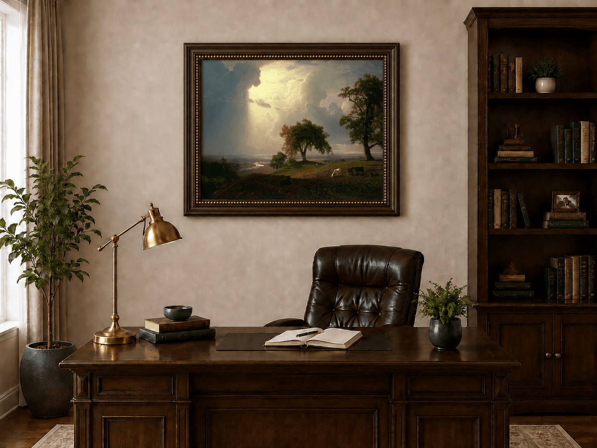 Framed hand-painted prairie oil painting with cattle beneath dramatic sunbeams displayed above a traditional home office desk.