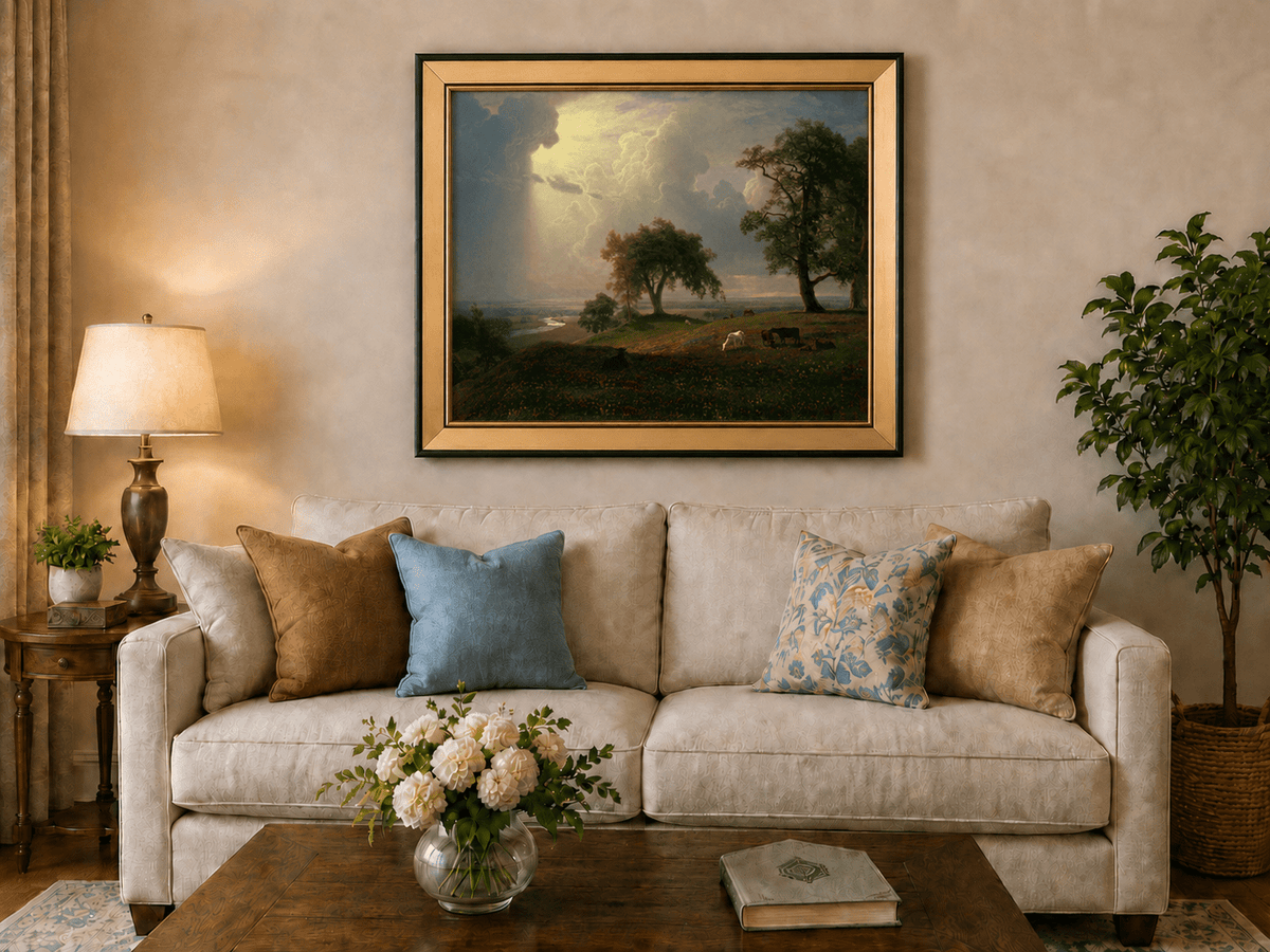 Framed hand-painted prairie oil painting with cattle beneath dramatic sunbeams displayed above a neutral living room sofa.