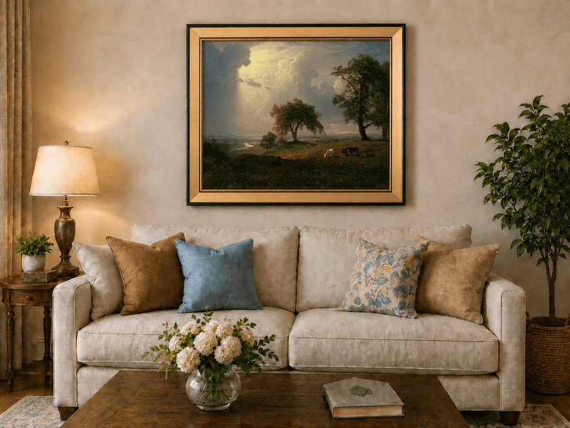 Framed hand-painted prairie oil painting with cattle beneath dramatic sunbeams displayed above a neutral living room sofa.