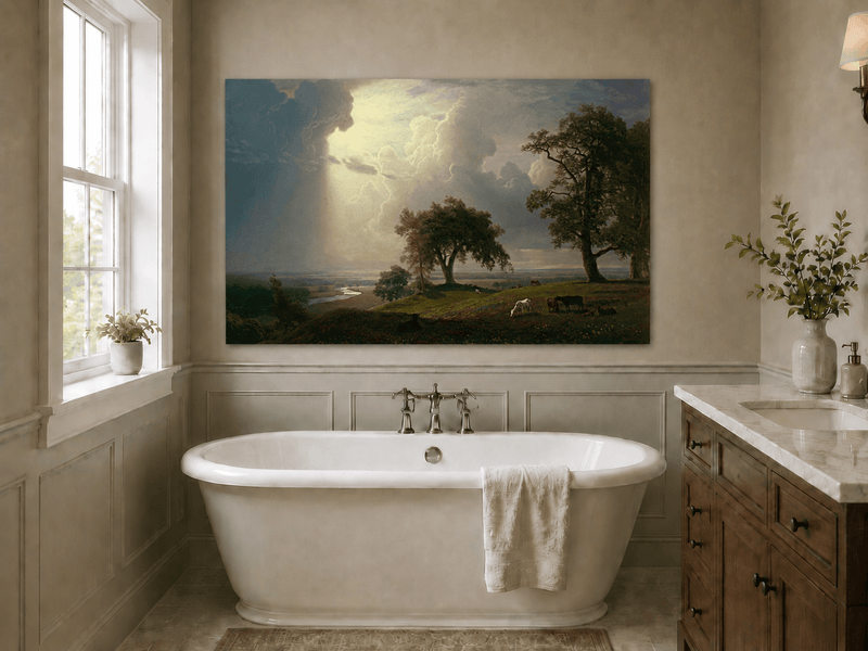 Unframed hand-painted prairie oil painting with cattle beneath dramatic sunbeams displayed above a freestanding bathtub.