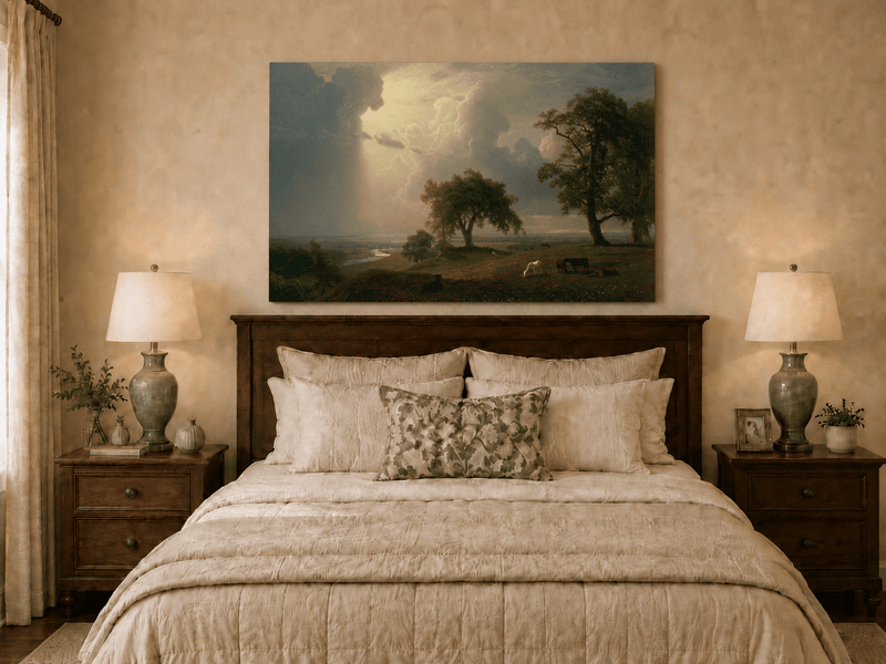 Unframed hand-painted prairie oil painting with cattle beneath dramatic sunbeams displayed above a wooden bed in a neutral bedroom.