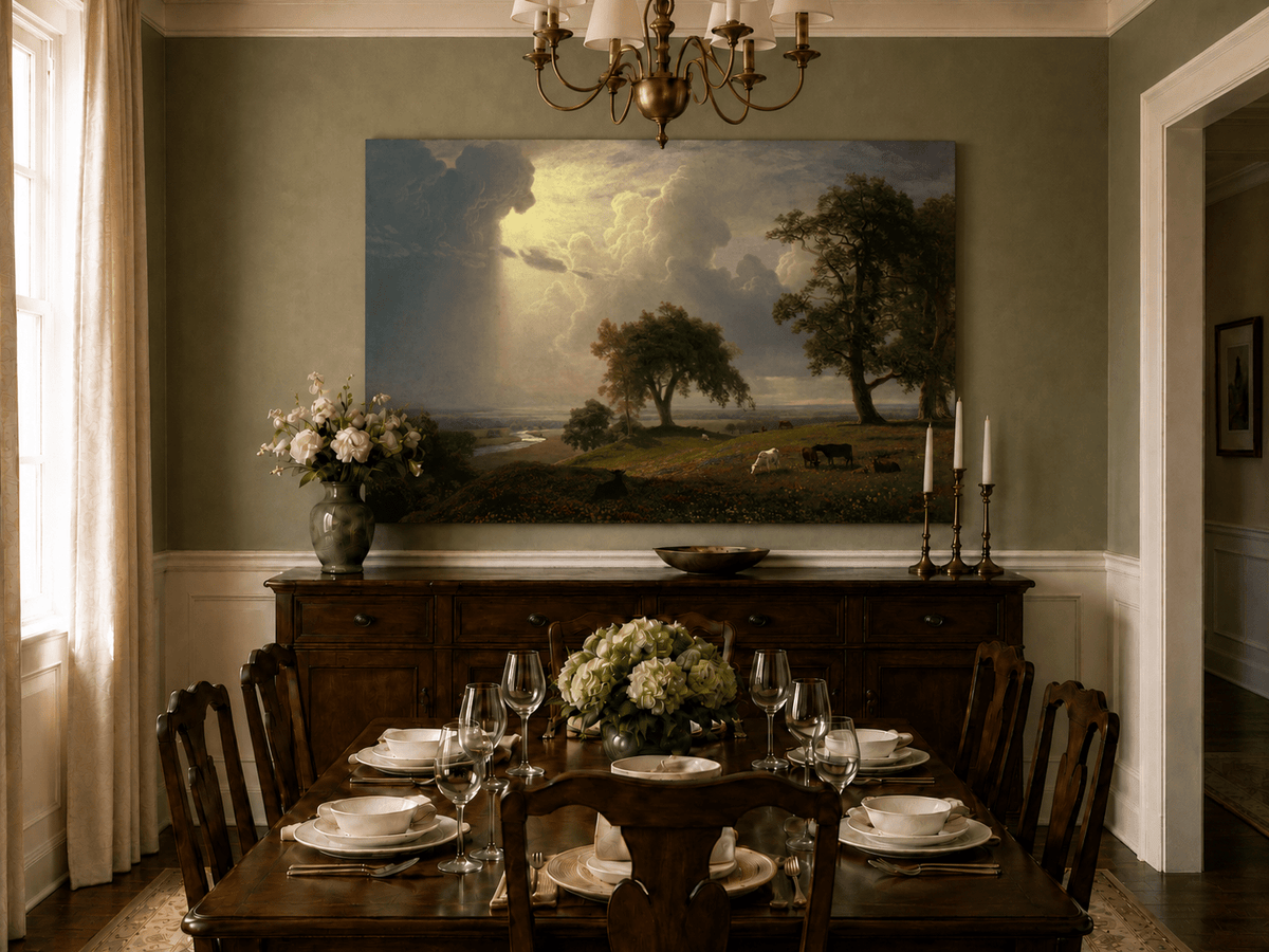 Unframed hand-painted prairie oil painting with cattle beneath dramatic sunbeams displayed above a formal dining table.