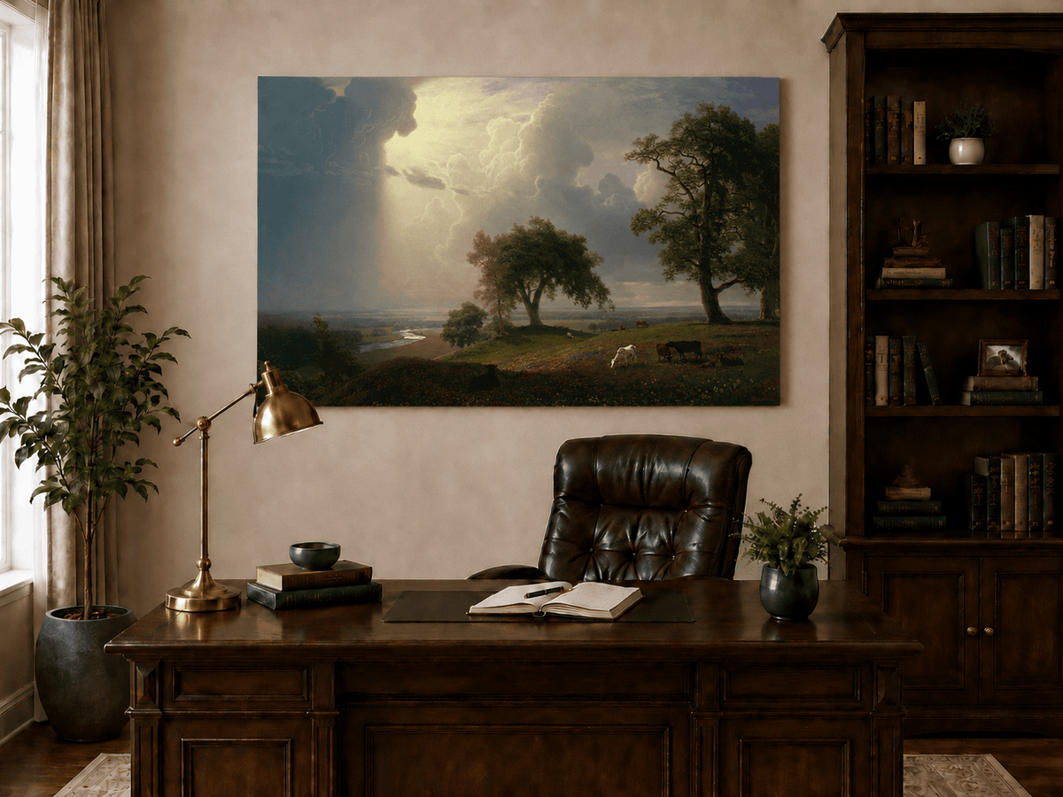 Unframed hand-painted prairie oil painting with cattle beneath dramatic sunbeams displayed above a traditional home office desk.
