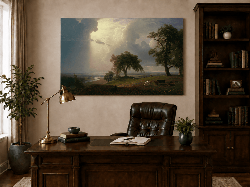 Unframed hand-painted prairie oil painting with cattle beneath dramatic sunbeams displayed above a traditional home office desk.