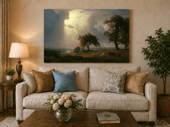 Unframed hand-painted prairie oil painting with cattle beneath dramatic sunbeams displayed above a neutral living room sofa.
