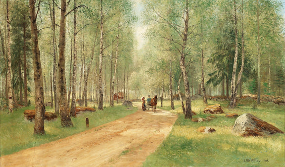 Quiet Birch Forest Path, Figures – Hand - Painted Landscape Oil Painting - Oil Painting Haven