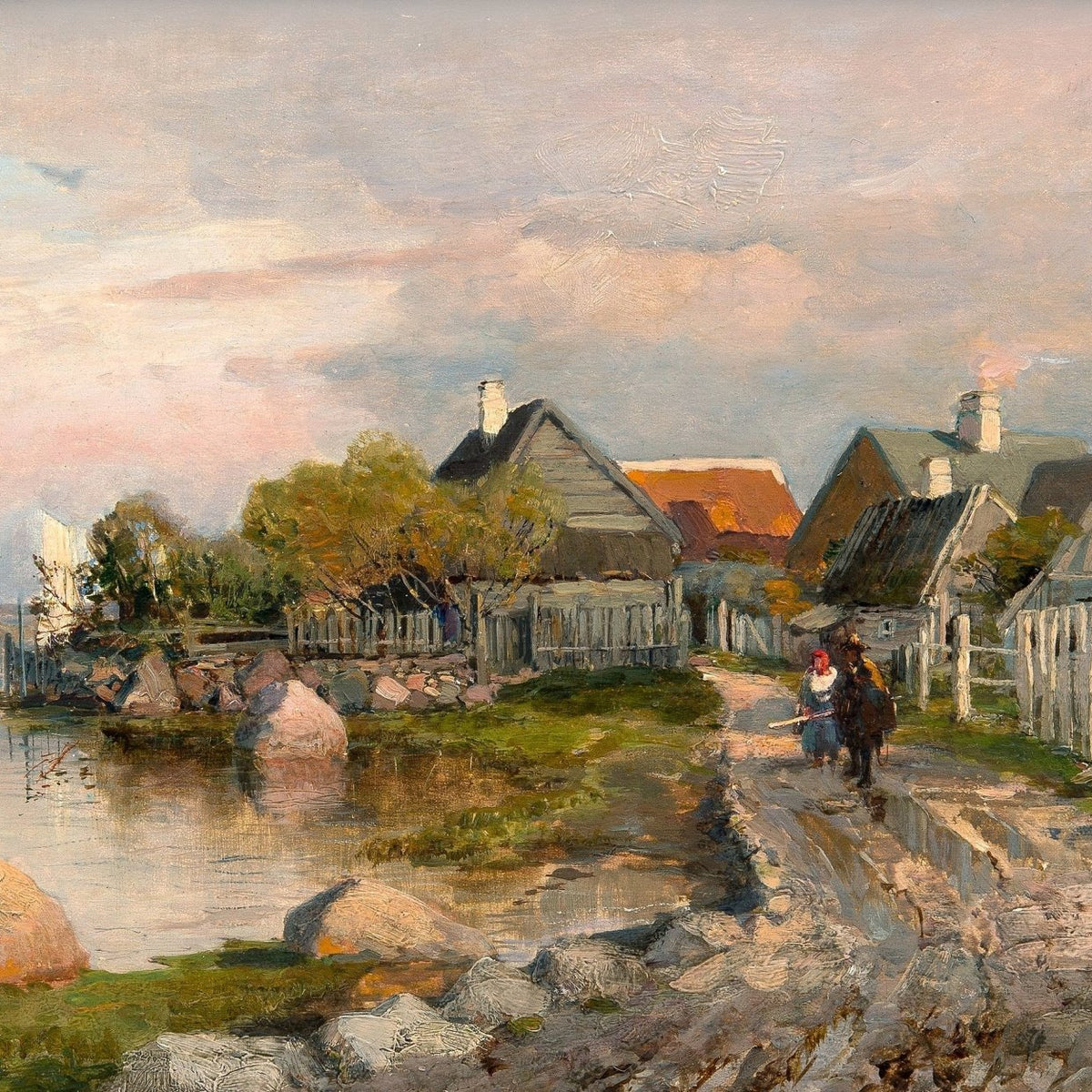 Quiet Coastal Village at Dusk – Hand - Painted Landscape Oil Painting - Oil Painting Haven