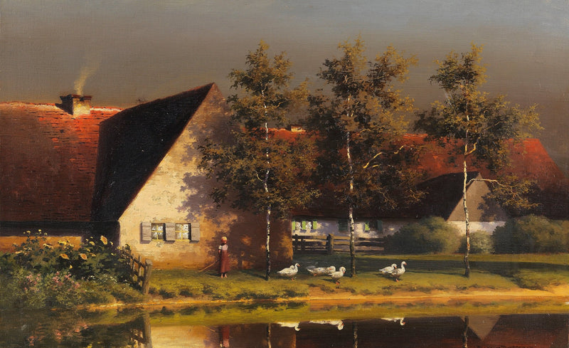 Quiet Countryside Farmhouse with Geese Hand - Painted Oil Painting - Oil Painting Haven