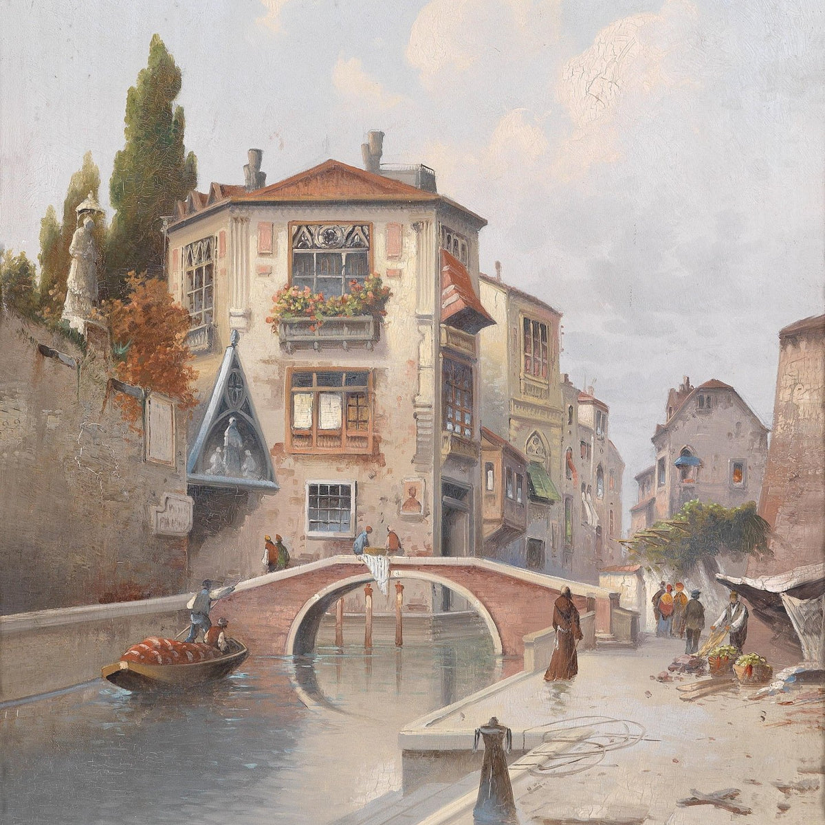 Quiet European Canal Scene, Stone Bridge – Landscape Oil Painting - Oil Painting Haven