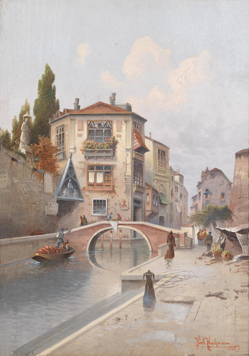 Quiet European Canal Scene, Stone Bridge – Landscape Oil Painting - Oil Painting Haven