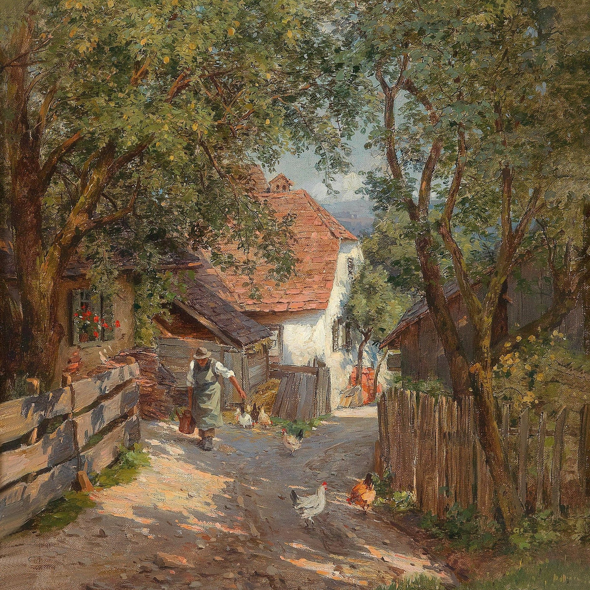 Quiet European Farm Lane with Figures – Landscape Oil Painting - Oil Painting Haven
