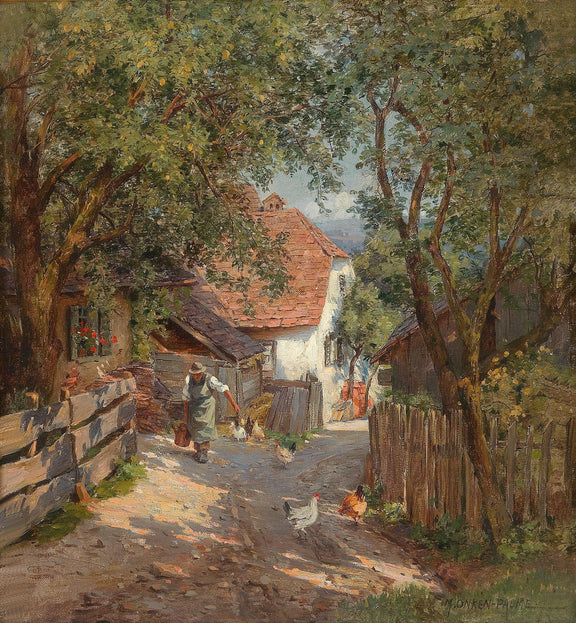 Quiet European Farm Lane with Figures – Landscape Oil Painting - Oil Painting Haven
