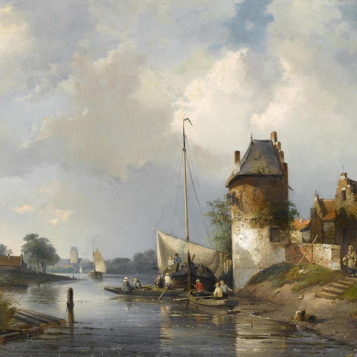 Quiet European Riverside Harbor with Boats – Landscape Oil Painting - Oil Painting Haven