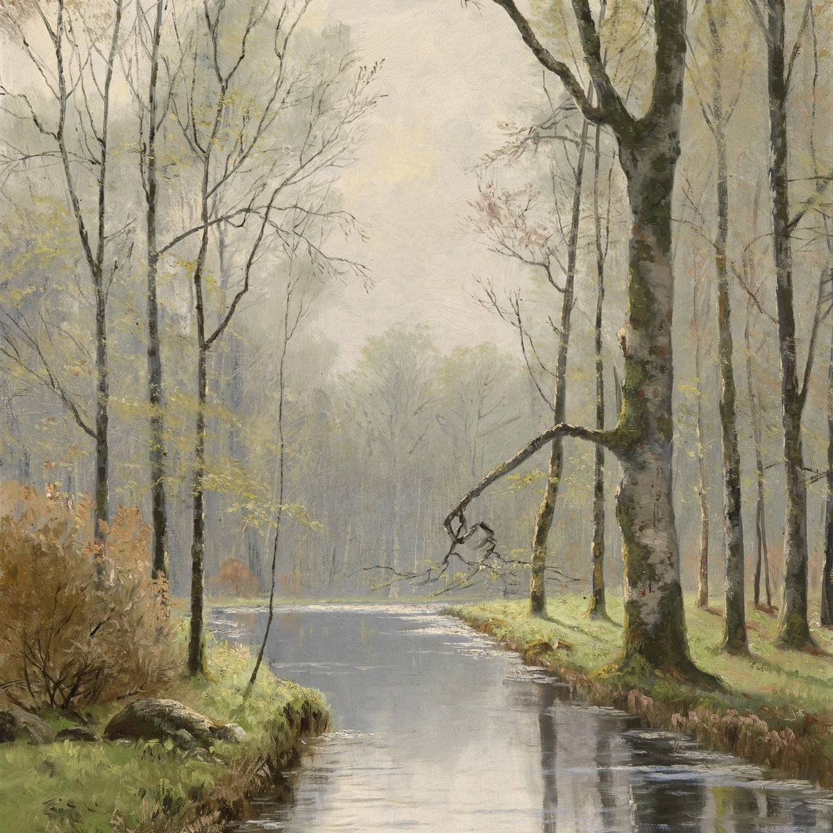 Quiet Forest Stream in Early Spring – Hand - Painted Landscape Oil Painting - Oil Painting Haven