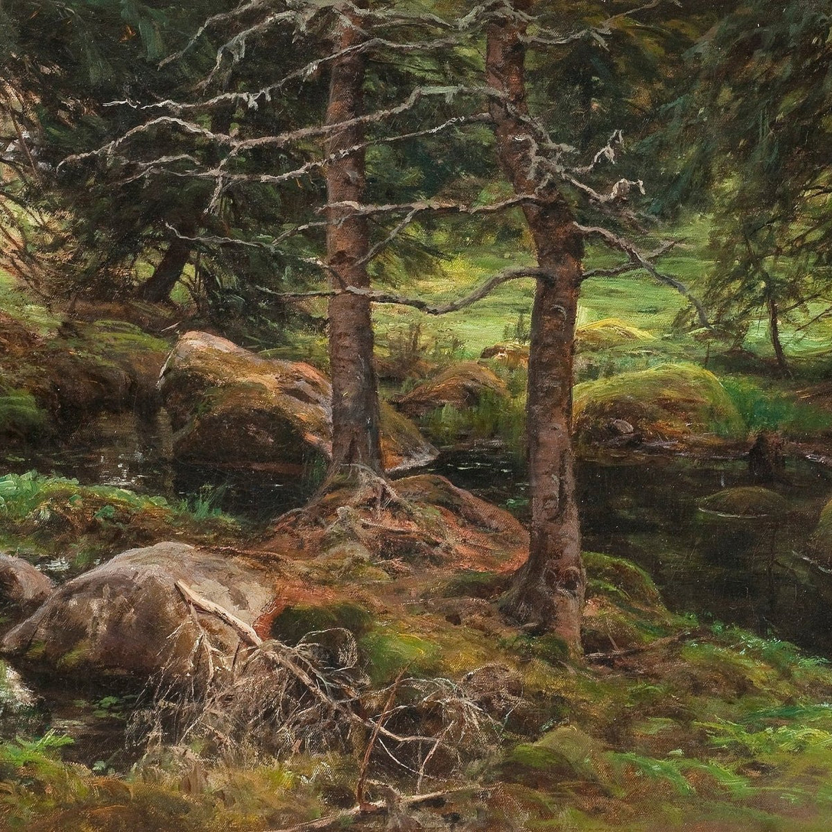 Quiet Forest Stream, Mossy Rocks – Hand - Painted Landscape Oil Painting - Oil Painting Haven