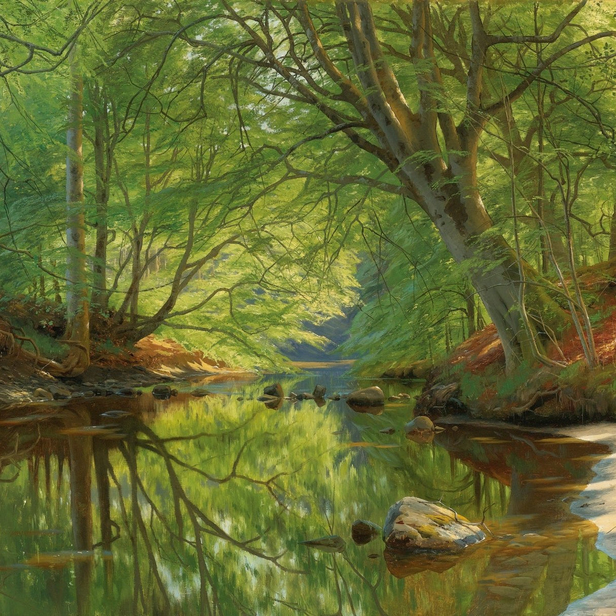 Quiet Forest Stream, Reflections, Sunlit Trees – Landscape Oil Painting - Oil Painting Haven