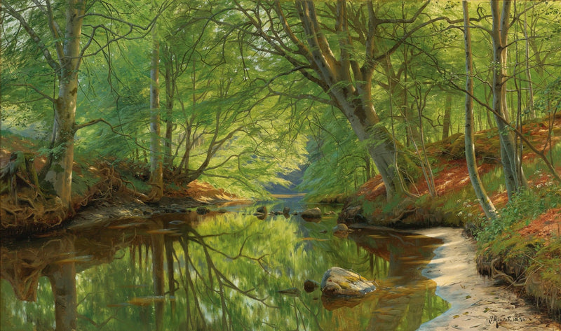 Quiet Forest Stream, Reflections, Sunlit Trees – Landscape Oil Painting - Oil Painting Haven