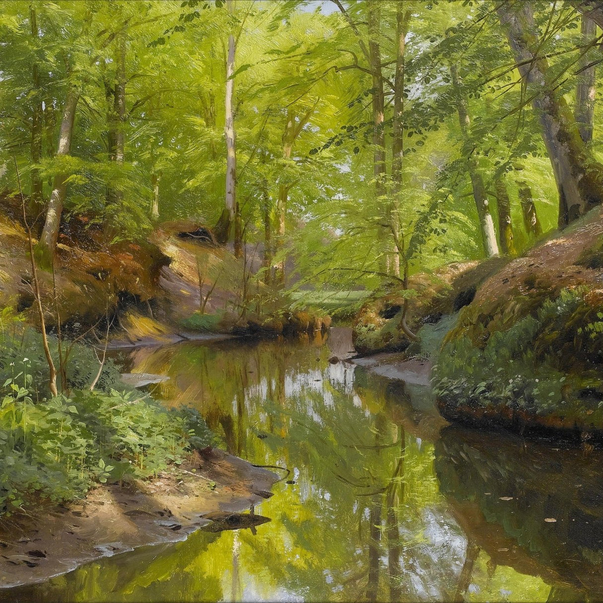 Hand-painted quiet forest stream with lush green trees landscape oil painting on canvas