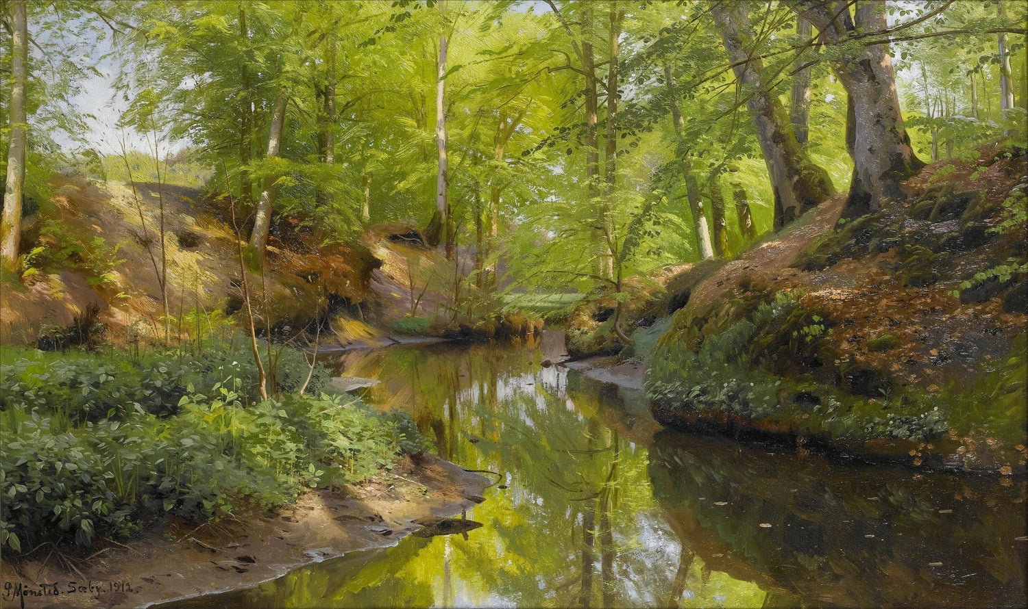 Quiet Forest Stream with Lush Green Trees – Landscape Oil Painting - Oil Painting Haven