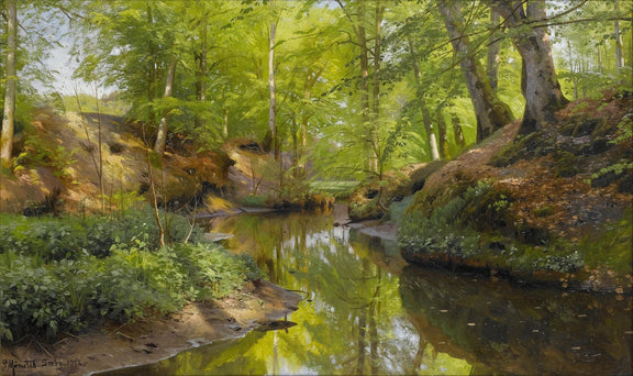 Hand-painted quiet forest stream with lush green trees landscape oil painting on canvas