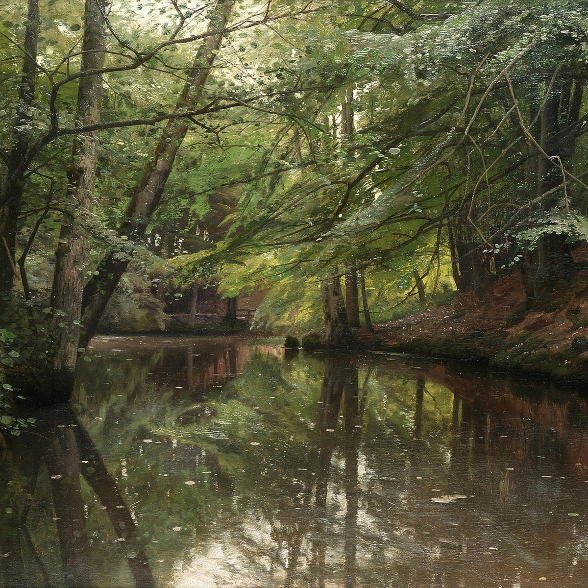 Quiet Forest Stream with Lush Green Trees – Landscape Oil Painting - Oil Painting Haven