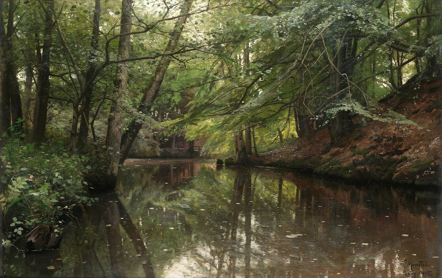 Quiet Forest Stream with Lush Green Trees – Landscape Oil Painting - Oil Painting Haven