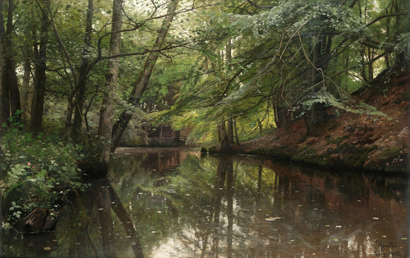 Quiet Forest Stream with Lush Green Trees – Landscape Oil Painting - Oil Painting Haven