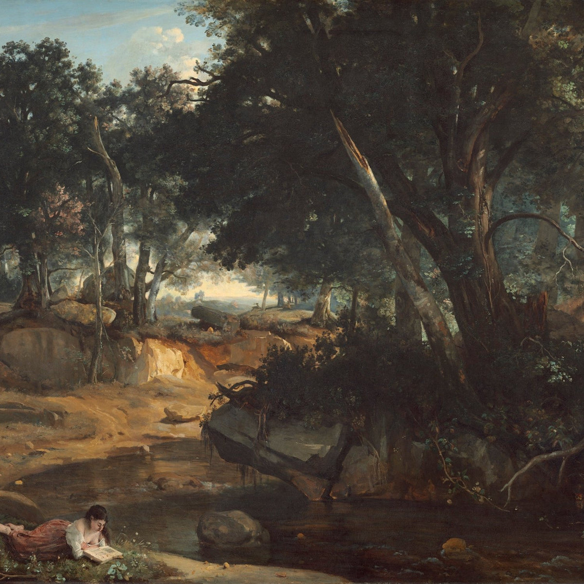 Hand-painted quiet forest stream with woman reading landscape oil painting on canvas