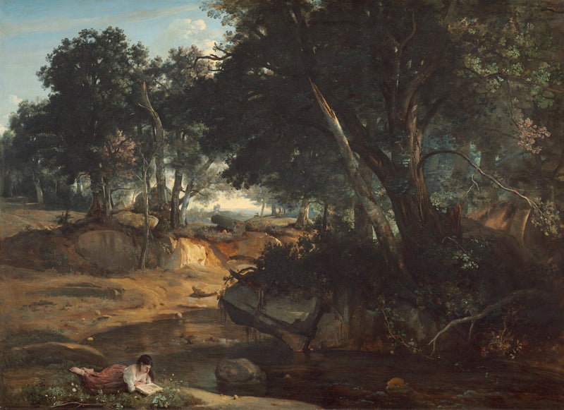 Hand-painted quiet forest stream with woman reading landscape oil painting on canvas