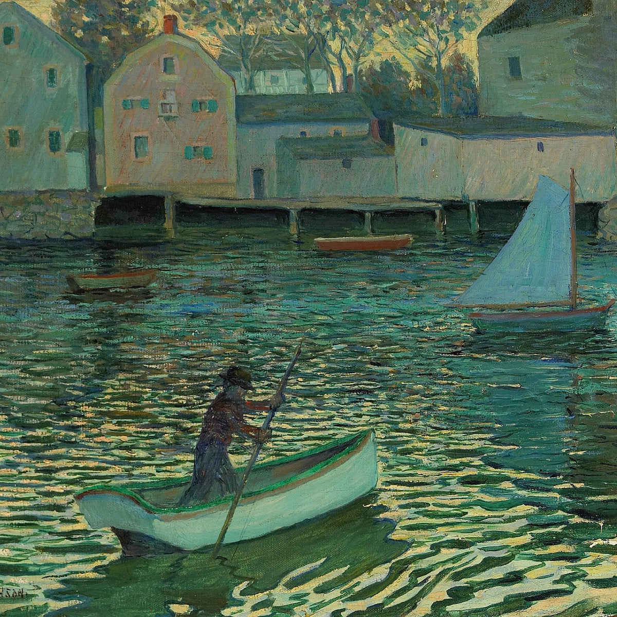 Quiet Harbor with Boats and Riverside Houses - Landscape Oil Painting - Oil Painting Haven