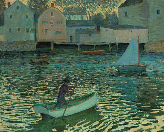 Quiet Harbor with Boats and Riverside Houses - Landscape Oil Painting - Oil Painting Haven