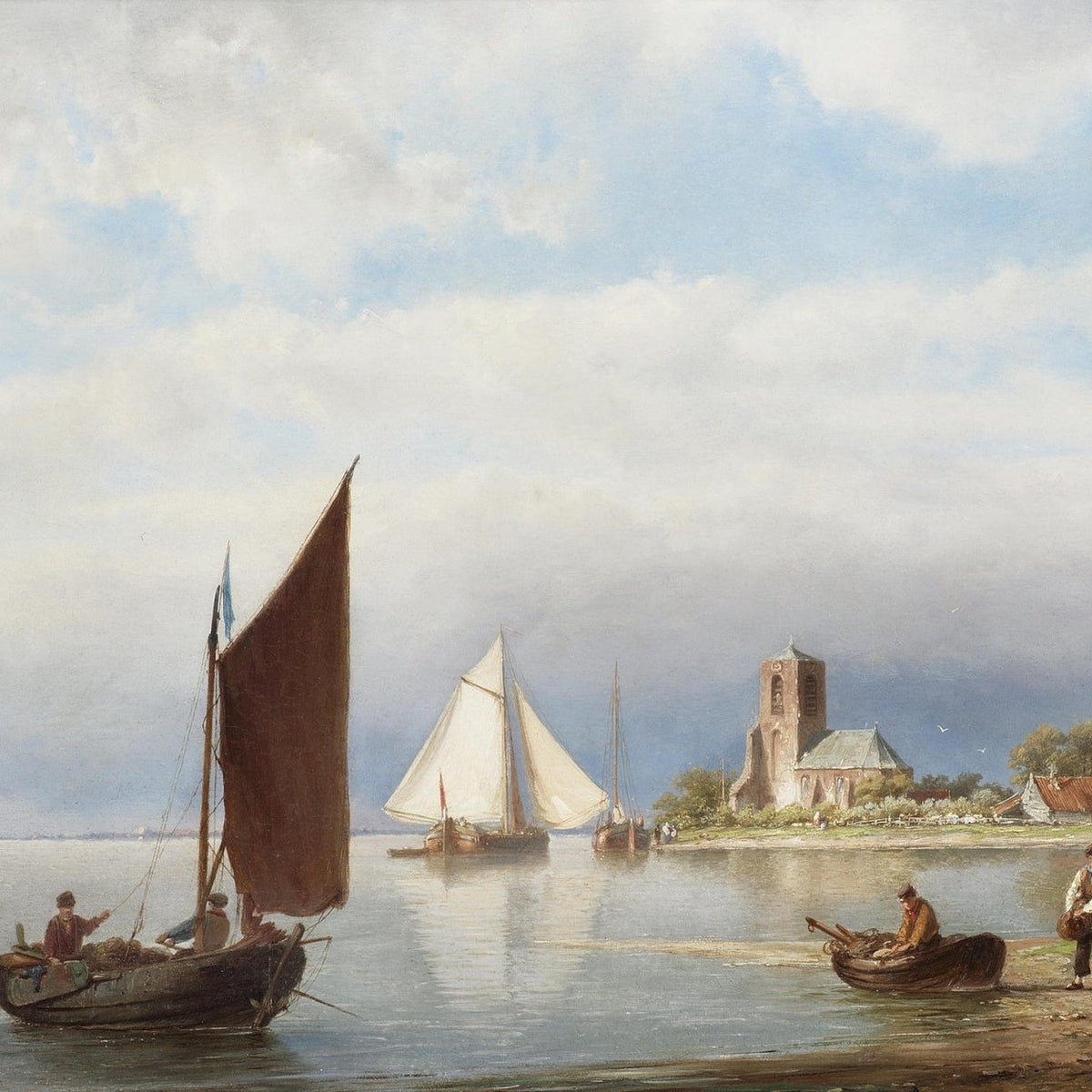 Quiet Harbor with Sailboats and Fishermen – Landscape Oil Painting - Oil Painting Haven