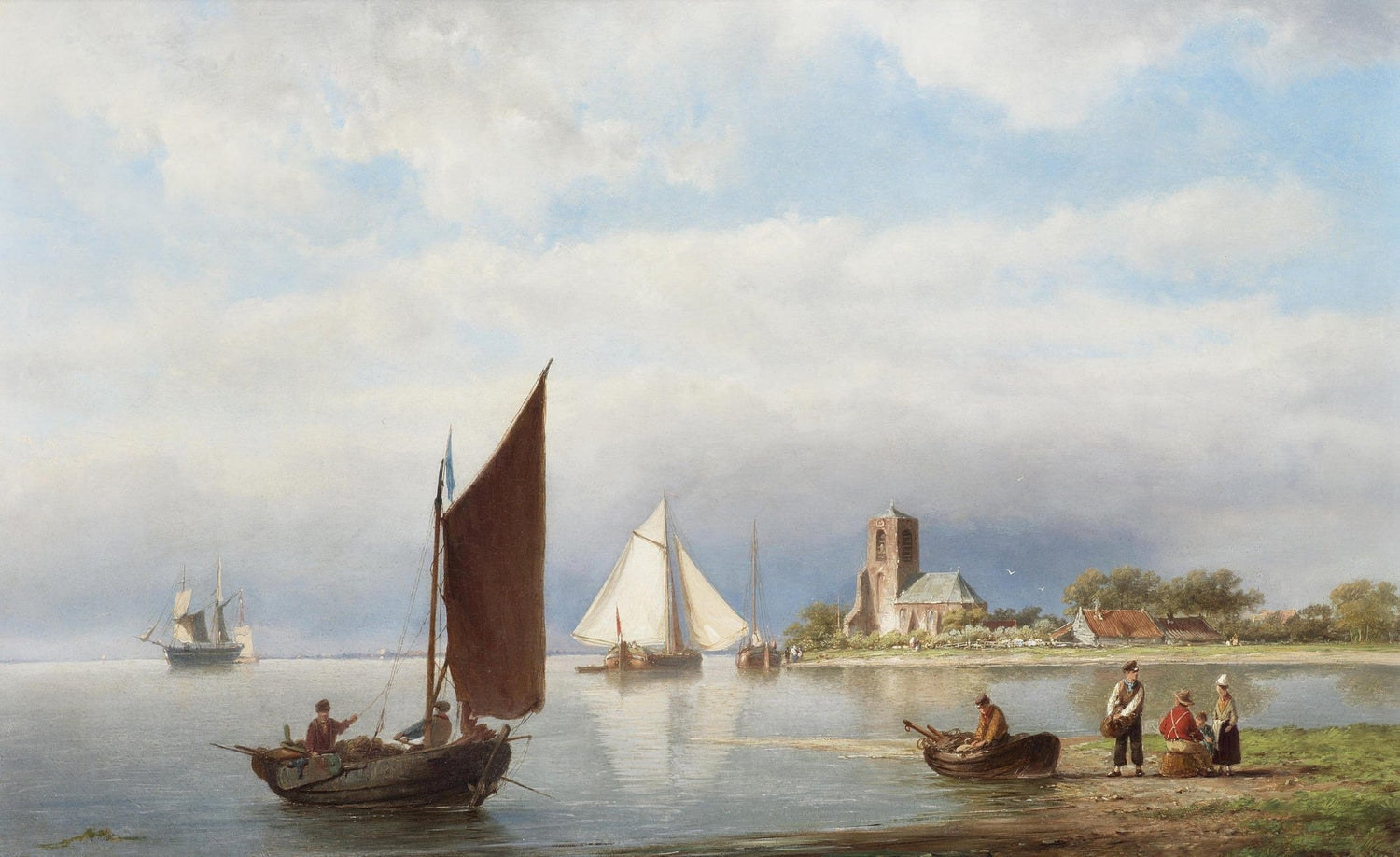 Quiet Harbor with Sailboats and Fishermen – Landscape Oil Painting - Oil Painting Haven