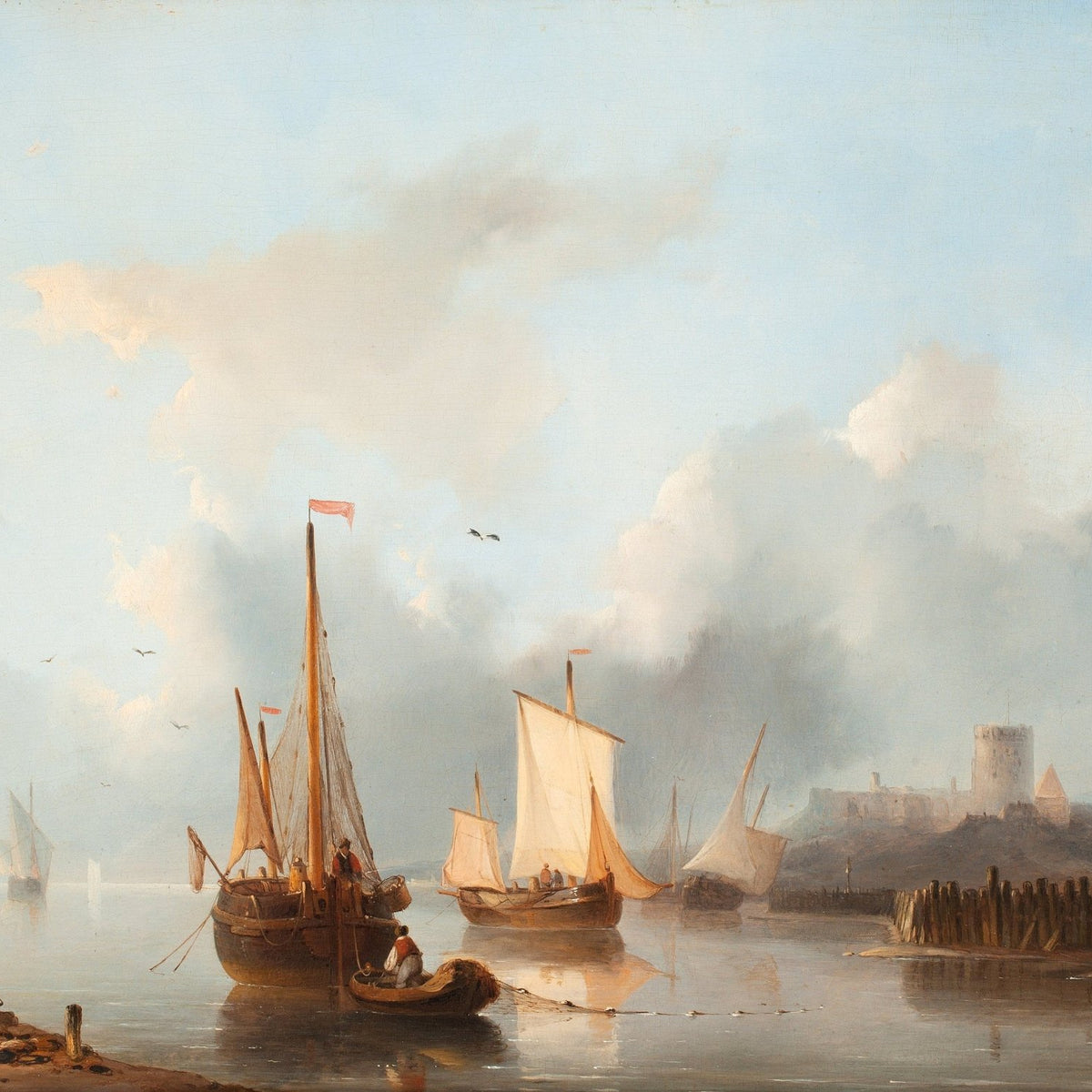 Hand-painted quiet harbor with sailing boats nautical oil painting on canvas