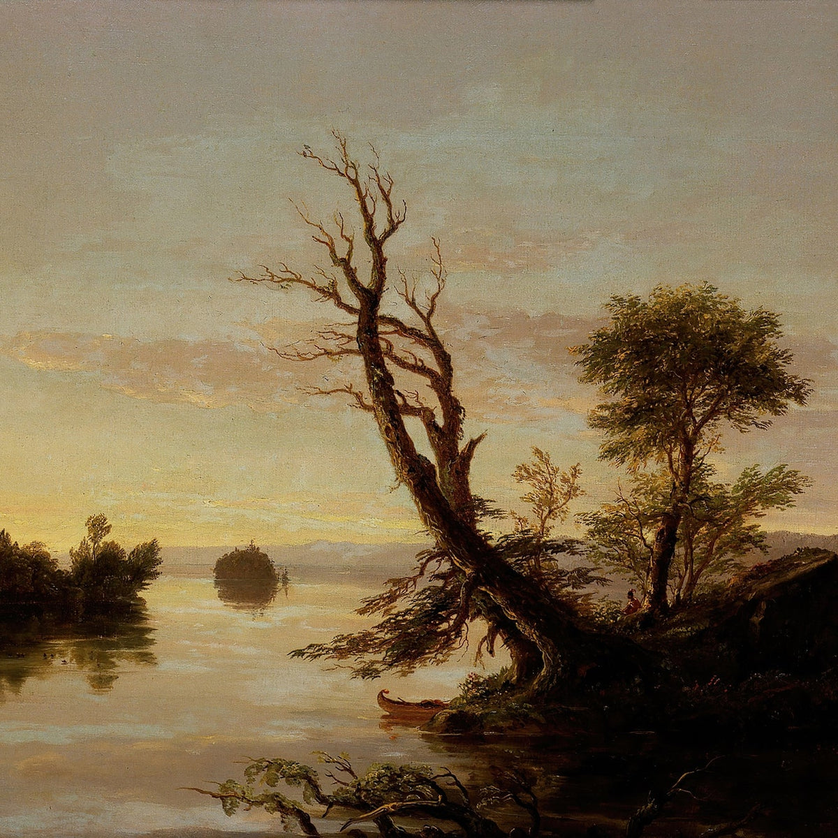 Quiet Lake Island and Old Tree at Sunset - Landscape Oil Painting - Oil Painting Haven